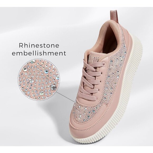 Lucky Step Women's Pink Rhinestone Platform Sneakers Fashion Chunky Shoes - Picture 3 of 6
